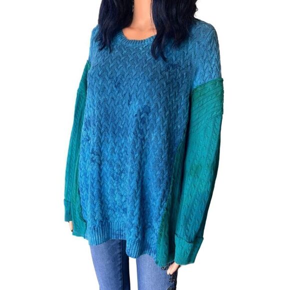 Upcycled Oversized Knit Blue Green Tunic Sweater - Picture 4 of 5